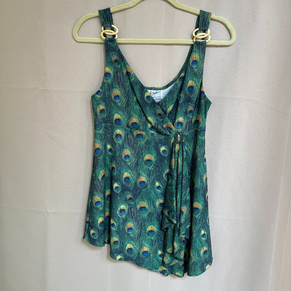 Linda Segal Asymmetrical  Peacock Top Sleeveless V Neck Jeweled /Gold Ring Sz M